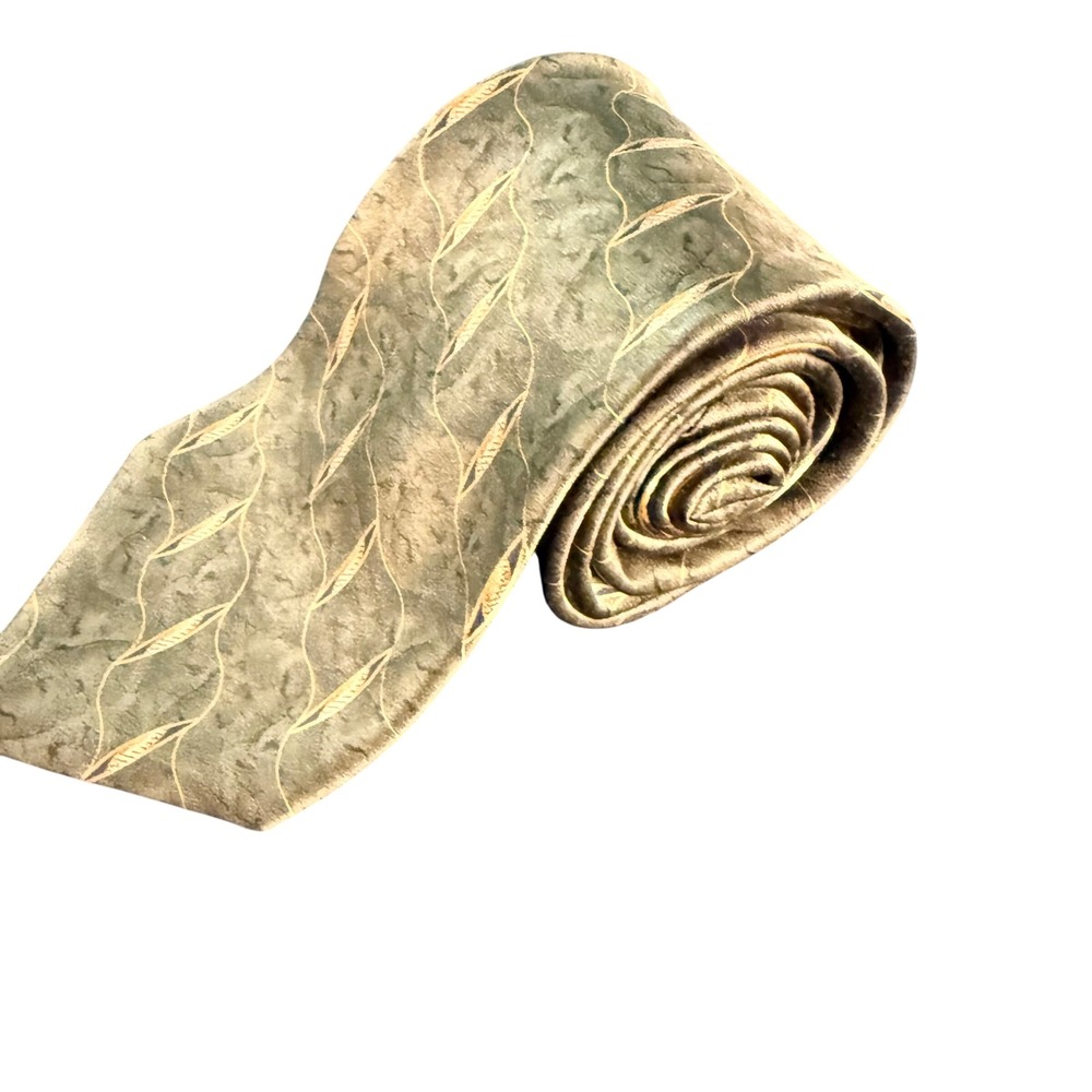Bill Blass Black Label‎ Mens Silk Tie Olive Green Gold Leaf Geometric Pattern